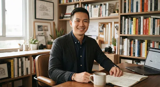 Clyde Astrid Tan sitting at his studio desk